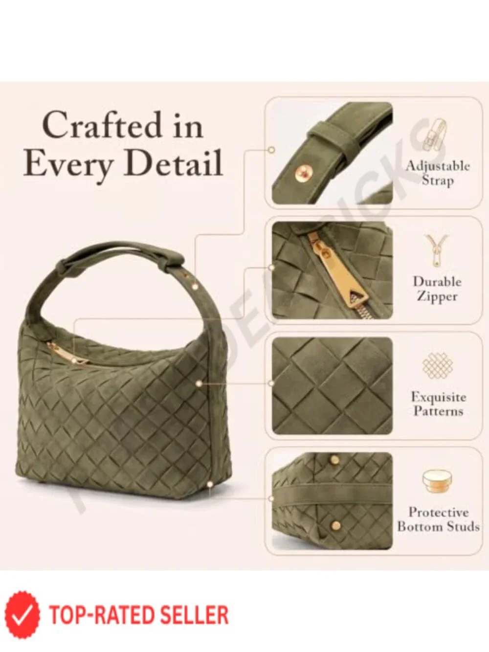 Hand-Woven Faux Suede Hobo Handbag with Faux Leather Trim, Adjustable Strap,